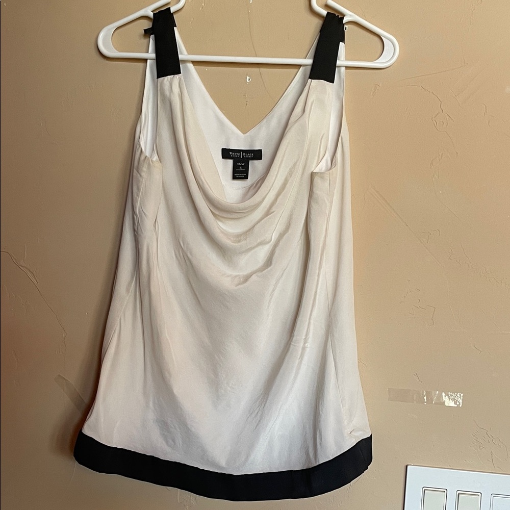 100% SILK White House Black Market Cream Cowl-Neck Camisole with Black Trim.